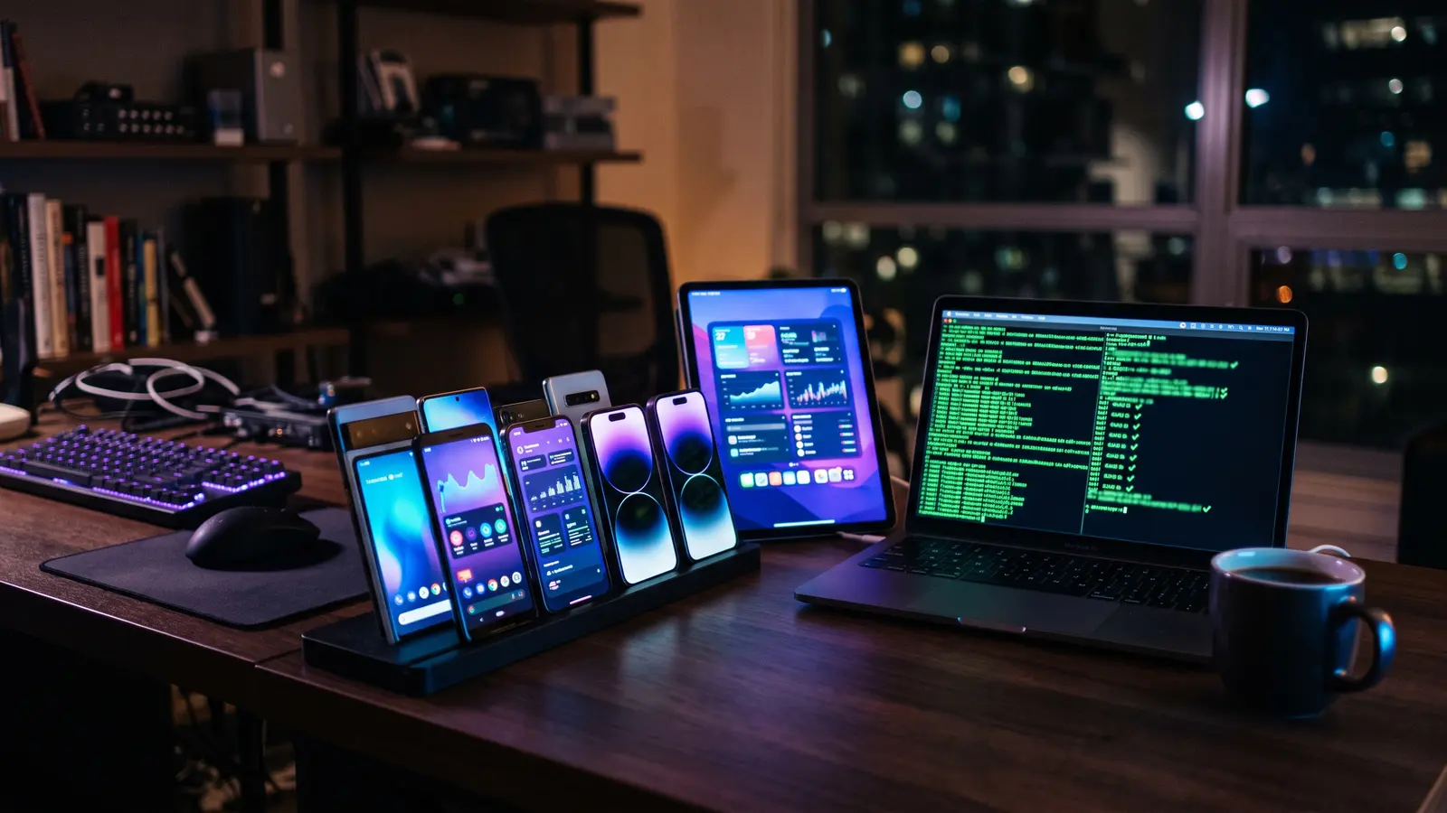 Biurko programisty nocą: rząd smartfonów i tablet na stojaku oraz laptop z wynikami testów automatycznych
